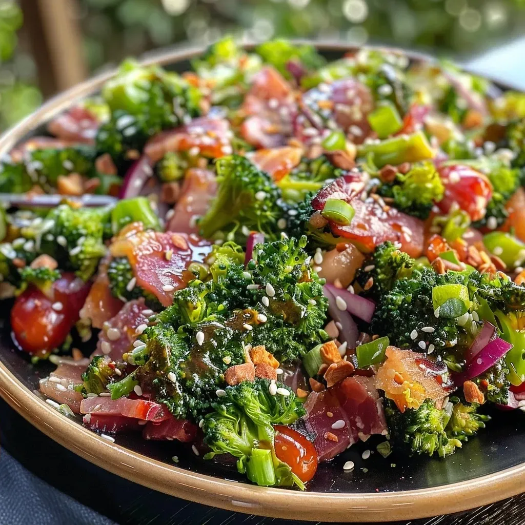 Vista lateral de una ensalada de brócoli con tocino y arándanos secos.