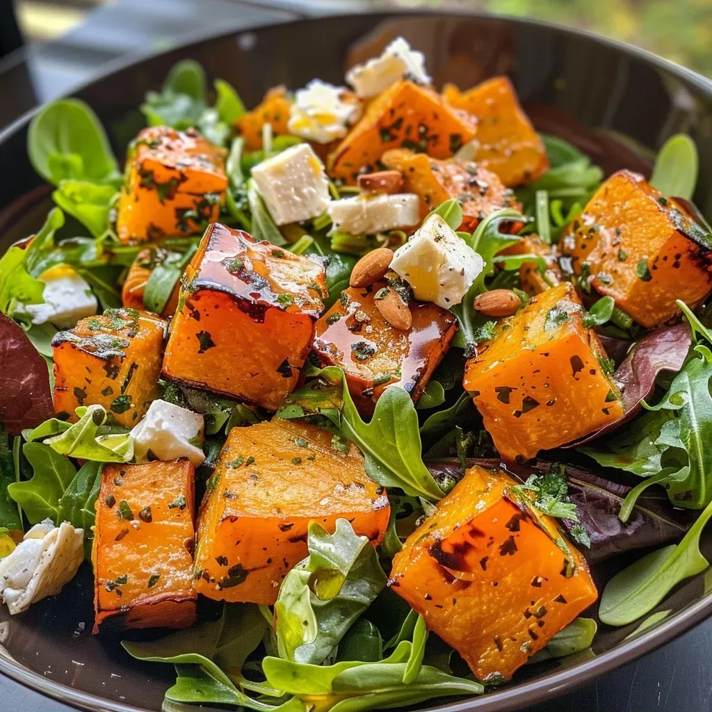 Tazón con ensalada colorida de calabaza y espinacas.