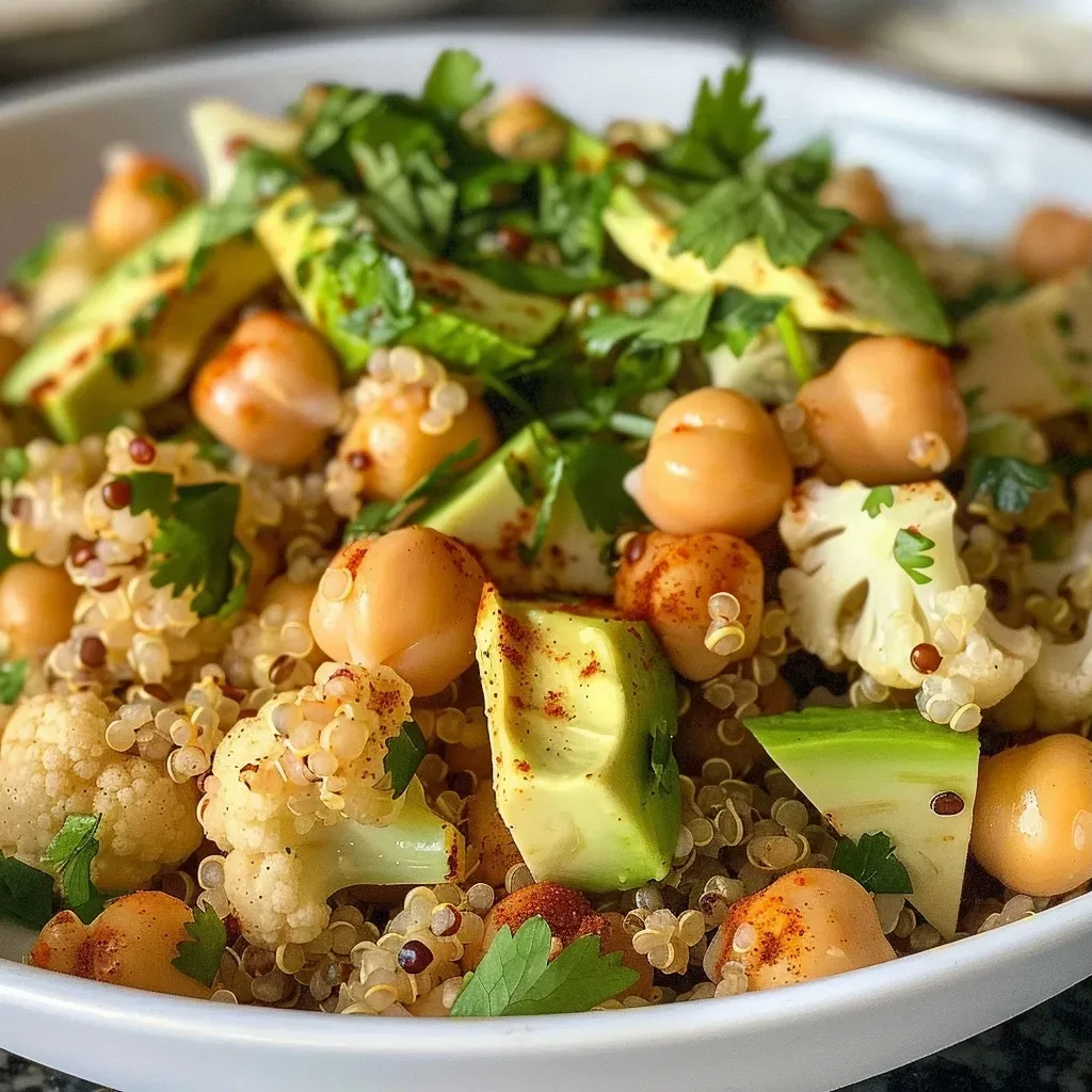Ensalada de coliflor y garbanzos en un tazón, con ingredientes frescos.