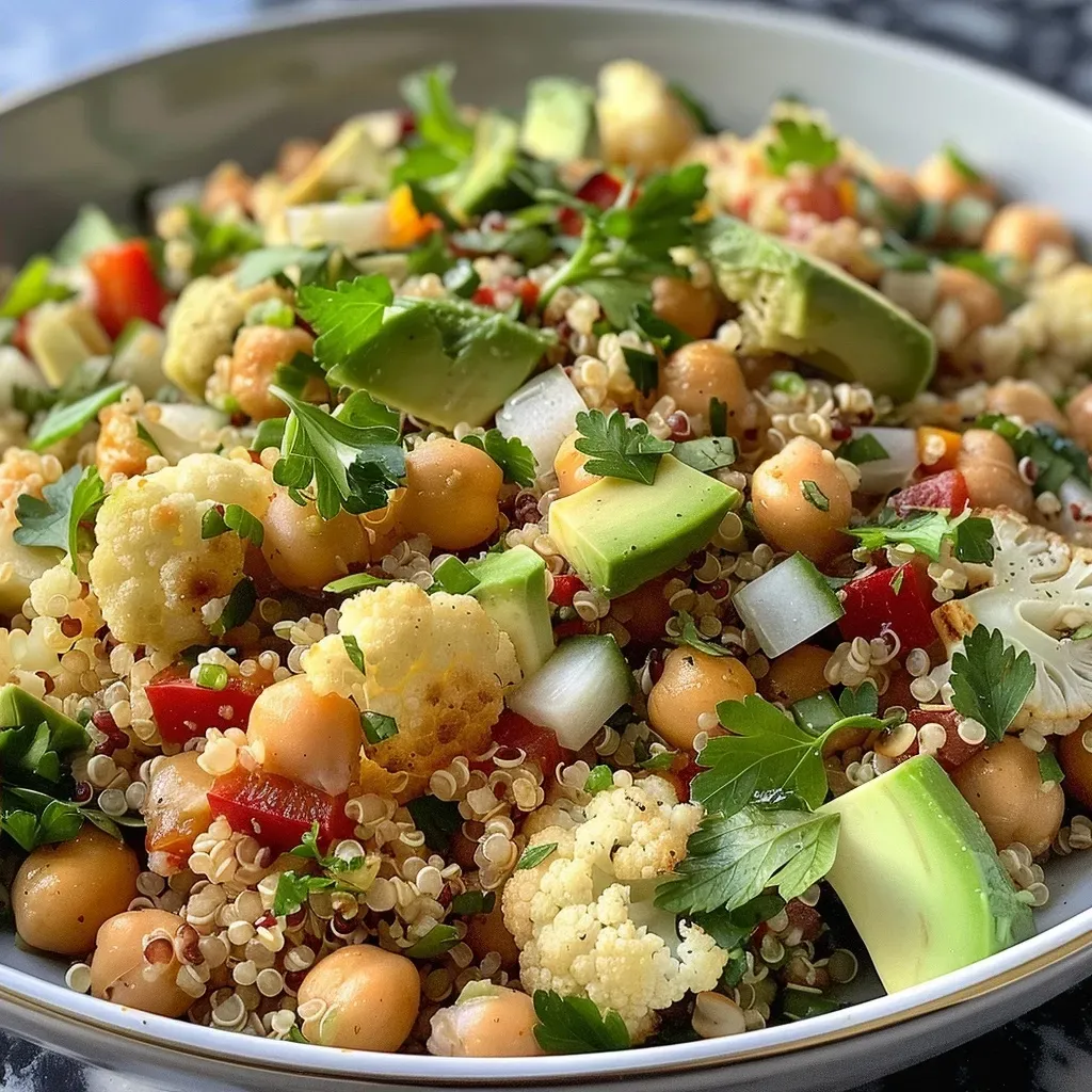 Primer plano de ensalada de coliflor con garbanzos y aguacate.