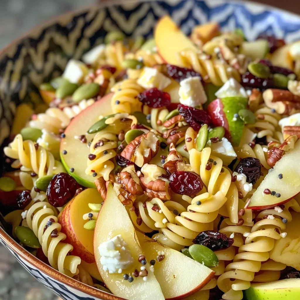 Ensalada de pasta de otoño con peras, manzanas y arándanos.