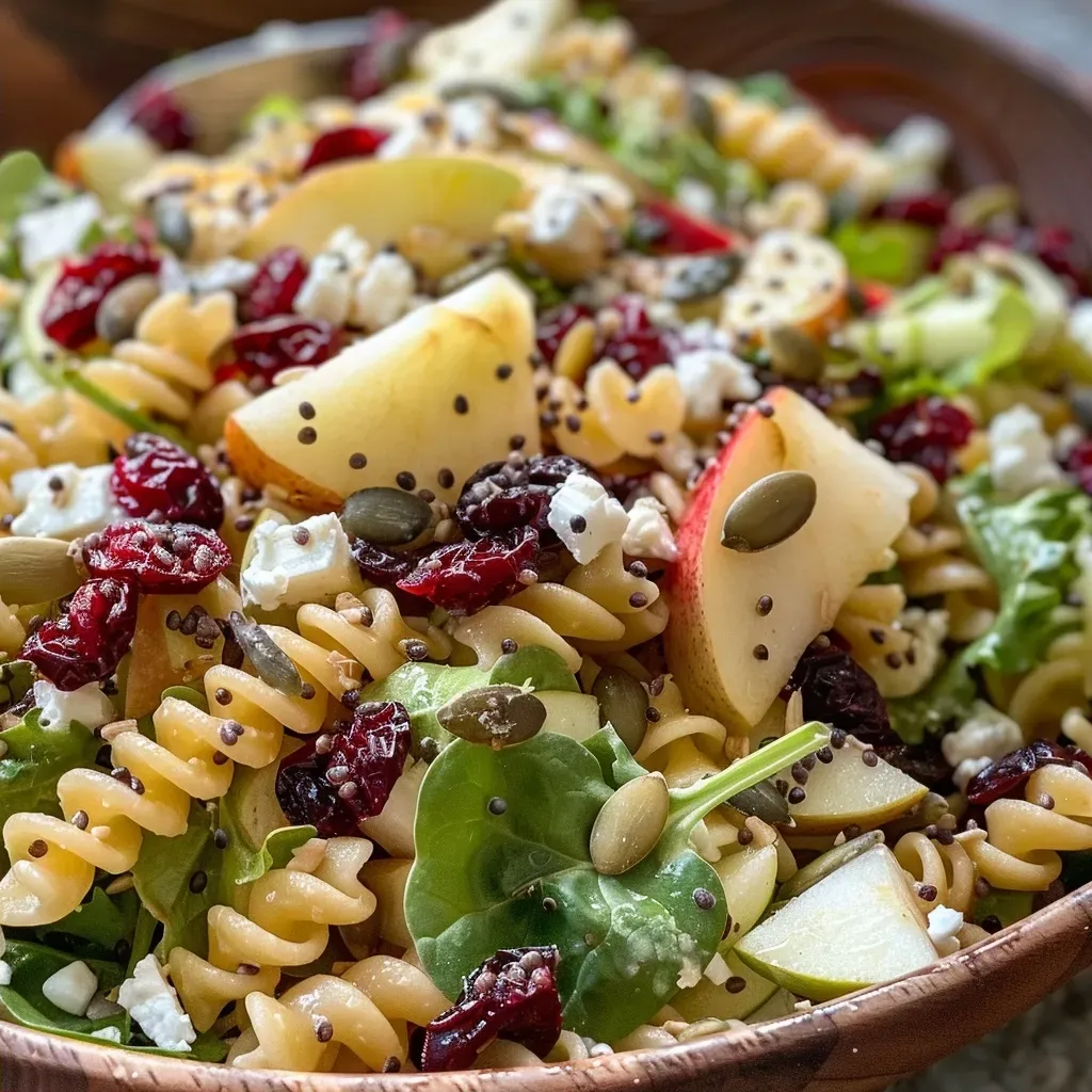 Primer plano de una ensalada de pasta con ingredientes otoñales.