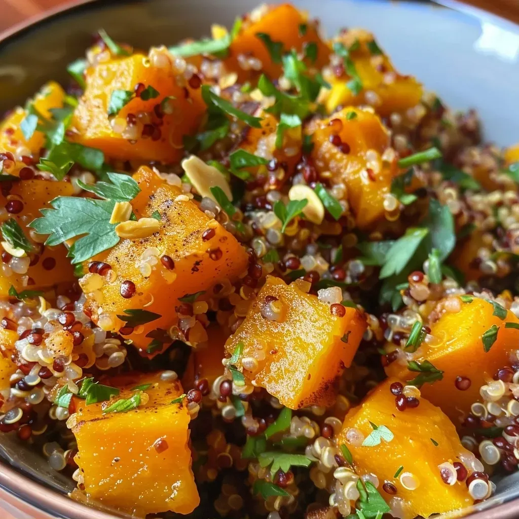 Ensalada de quinoa con calabaza asada, vista lateral.