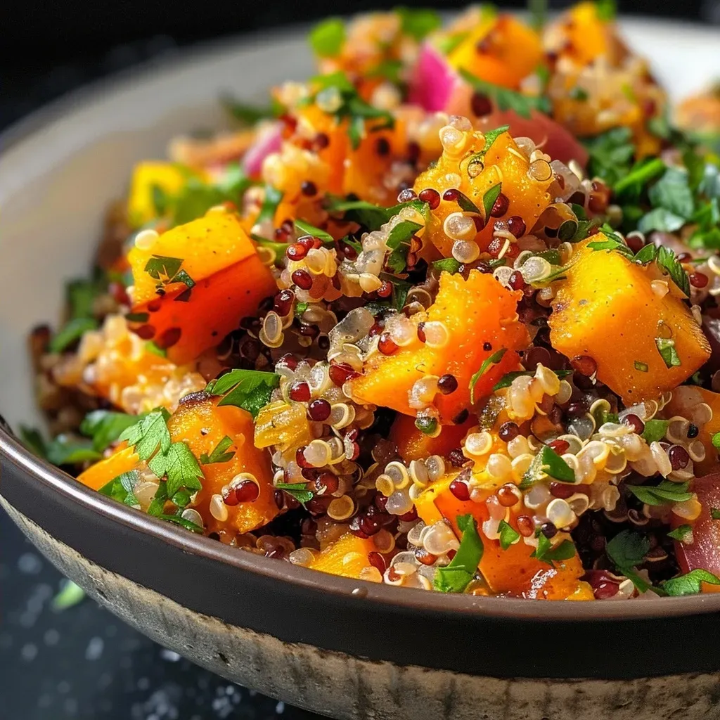 Tazón de ensalada de quinoa y calabaza asada, detallando ingredientes frescos.