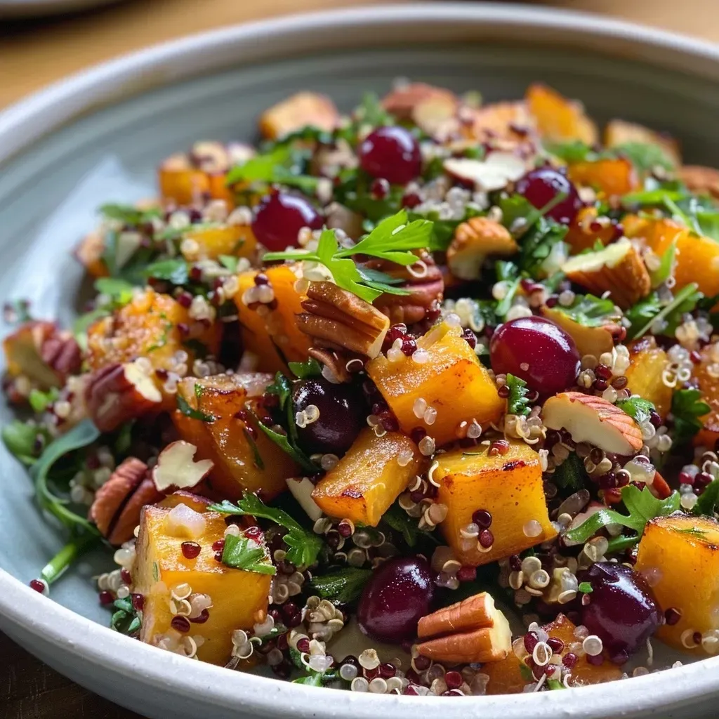 Ensalada de quinoa con calabaza asada y espinacas en un plato.