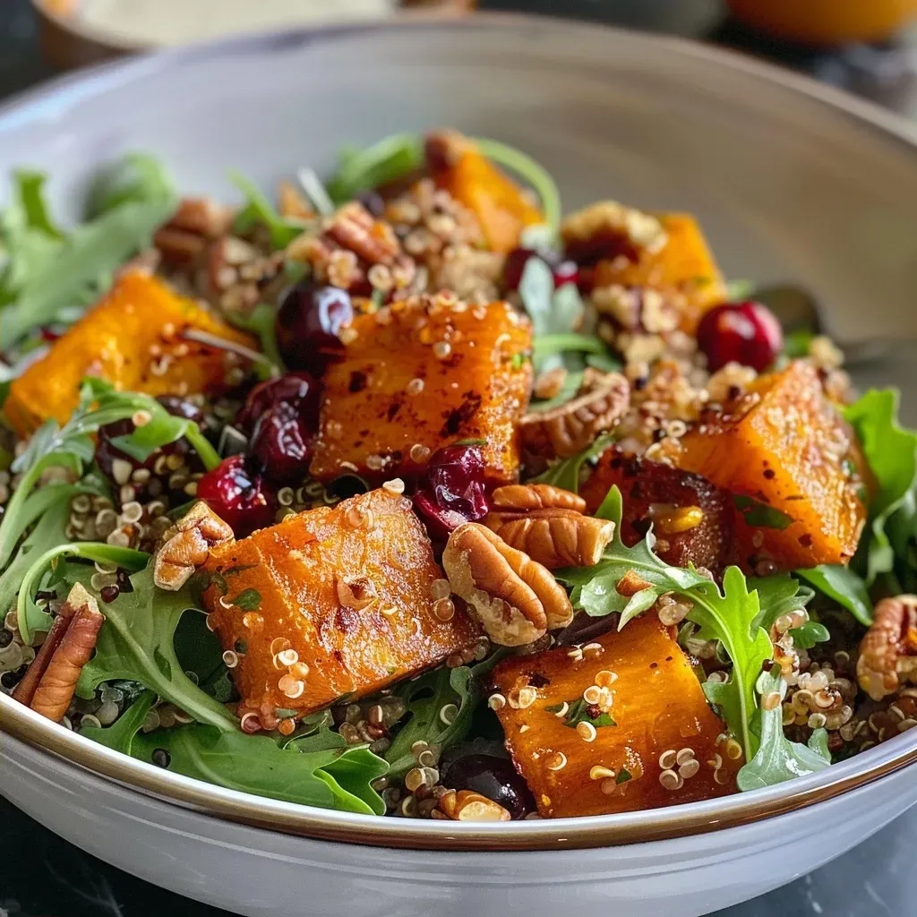 Primer plano de ensalada de quinoa y calabaza asada.