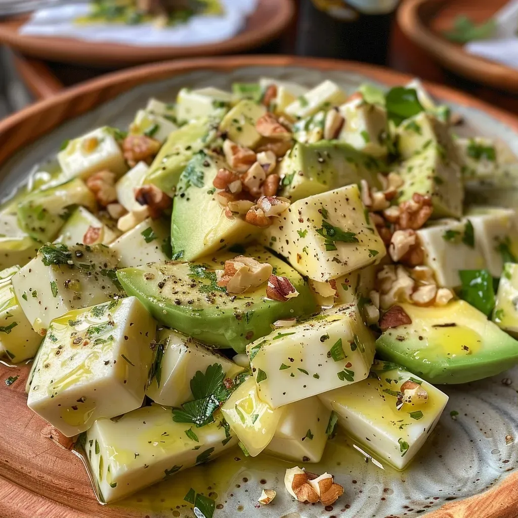 Ensalada de remolacha con aguacate y nueces en un plato.