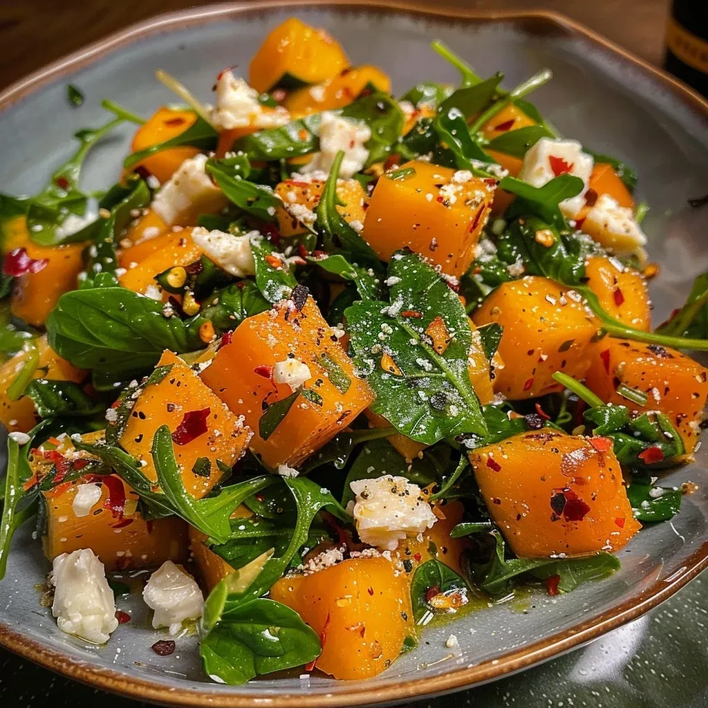 Ensalada tibia de calabaza y espinacas con ingredientes frescos.