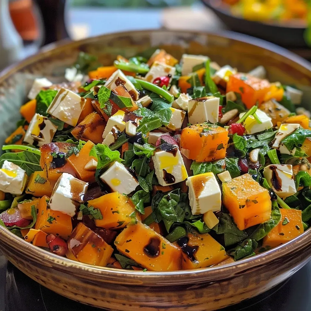 Plato de ensalada tibia con calabaza, espinacas y nueces.