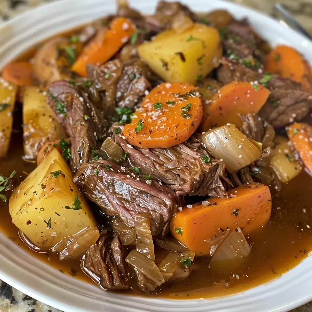 Estofado de res casero en un plato, mostrando trozos de carne y verduras.