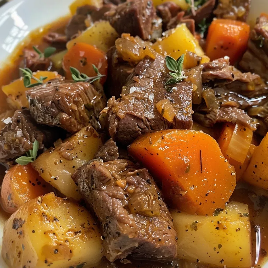 Primer plano de un estofado de res con verduras, listo para servir.