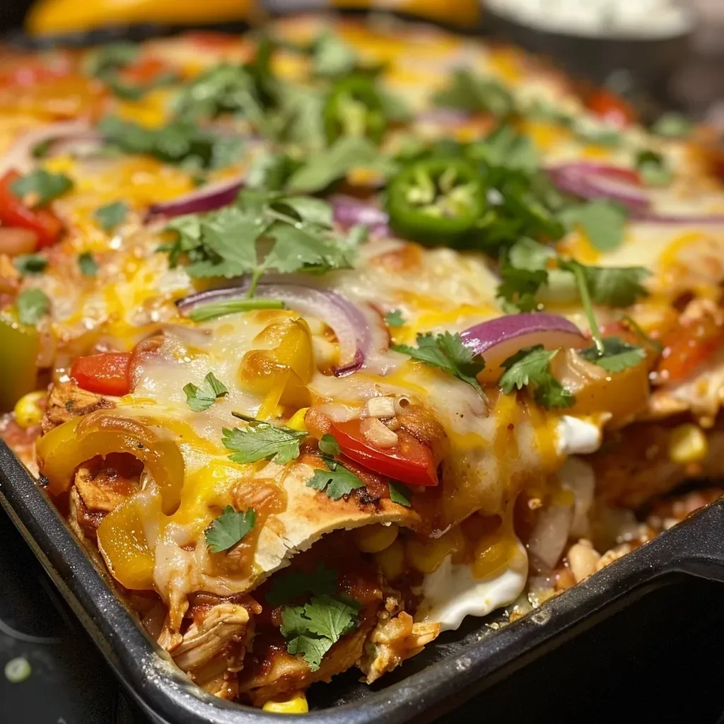 Fajita chicken tortilla pie con capas de pollo y verduras.
