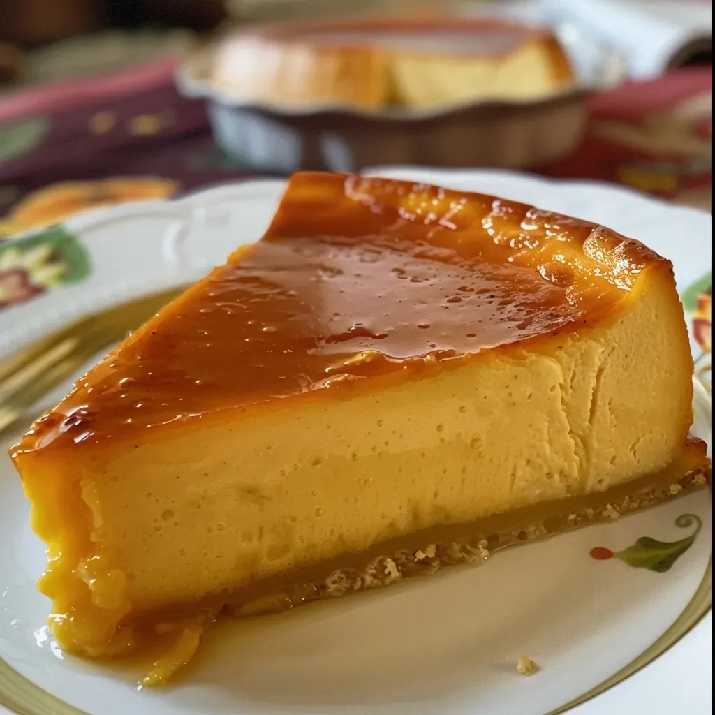 Flan de calabaza con salsa de caramelo, visto de lado.