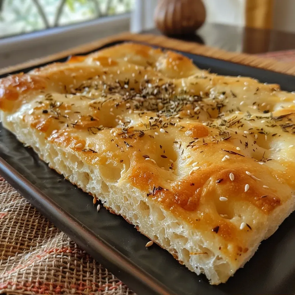 Focaccia casera recién horneada con un aspecto dorado.