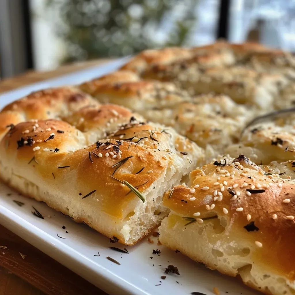 Primer plano de una focaccia esponjosa y jugosa.