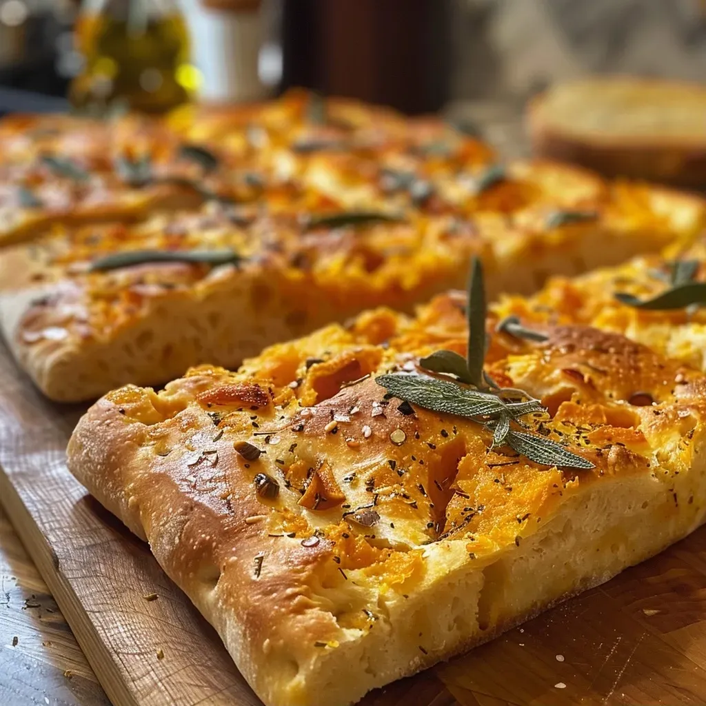 Focaccia de calabaza vegana en un plato.