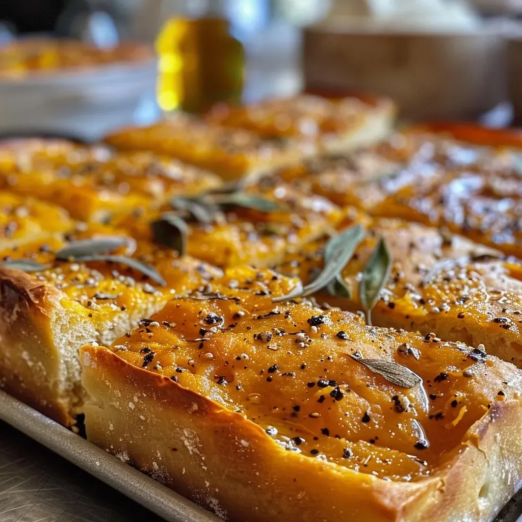 Primer plano de focaccia vegana con calabaza y hierbas.
