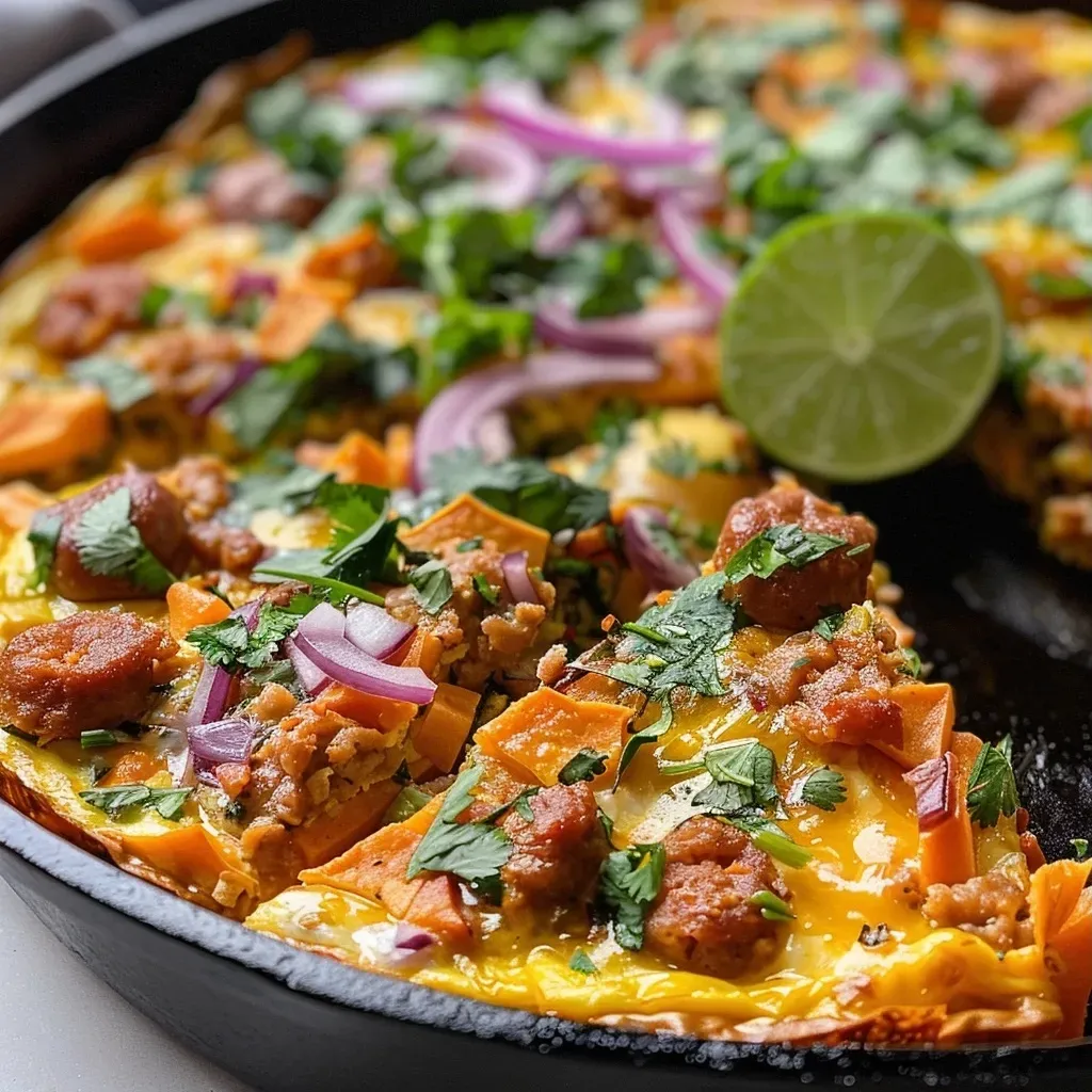 Frittata de chorizo y batata en primer plano.