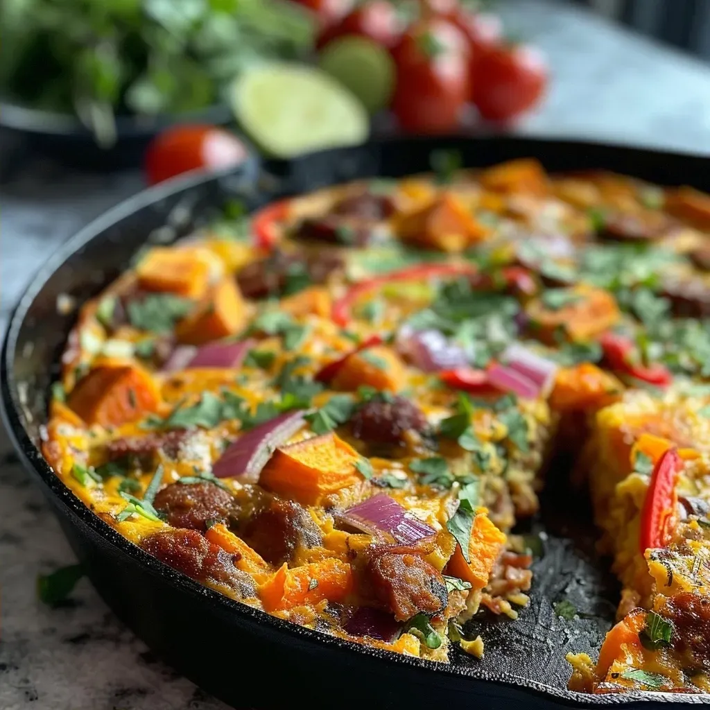 Vista lateral de una frittata de chorizo con batata.