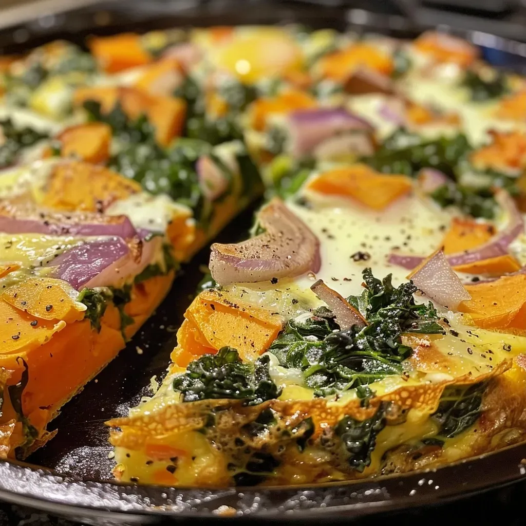 Frittata de verduras de otoño con trozos de batata y kale.