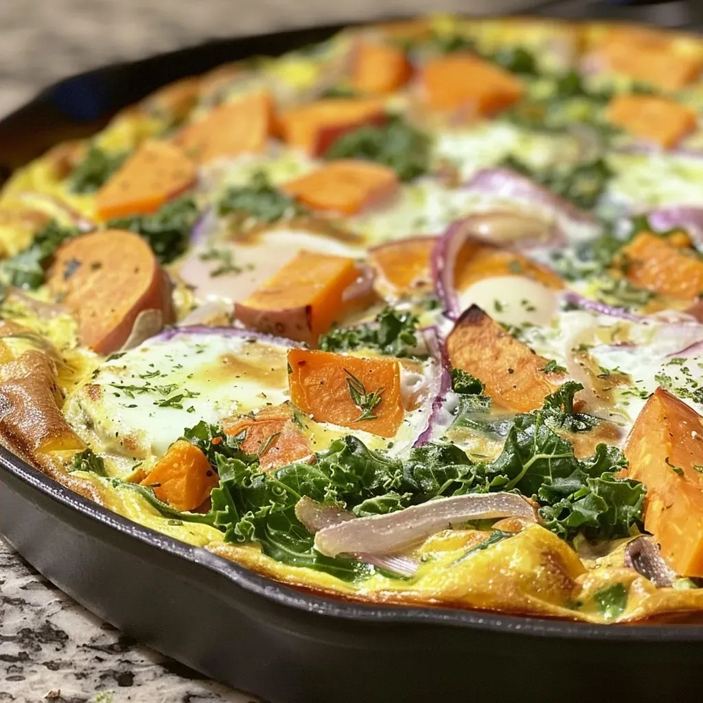 Vista lateral de una deliciosa frittata con queso cheddar y hierbas.