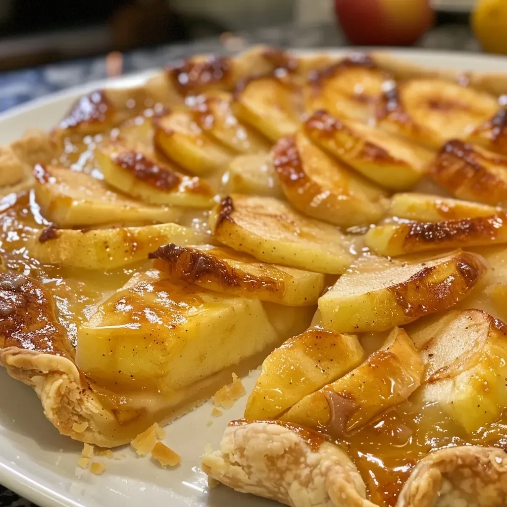 Close up de una galette de manzana y queso cheddar derretido por encima.