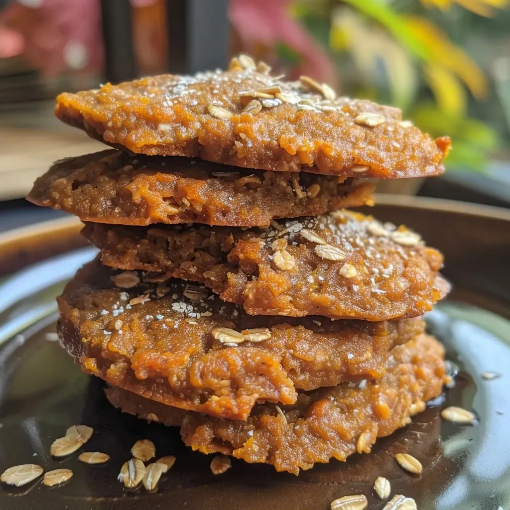 Primer plano de galletas de calabaza y avena con textura dorada.
