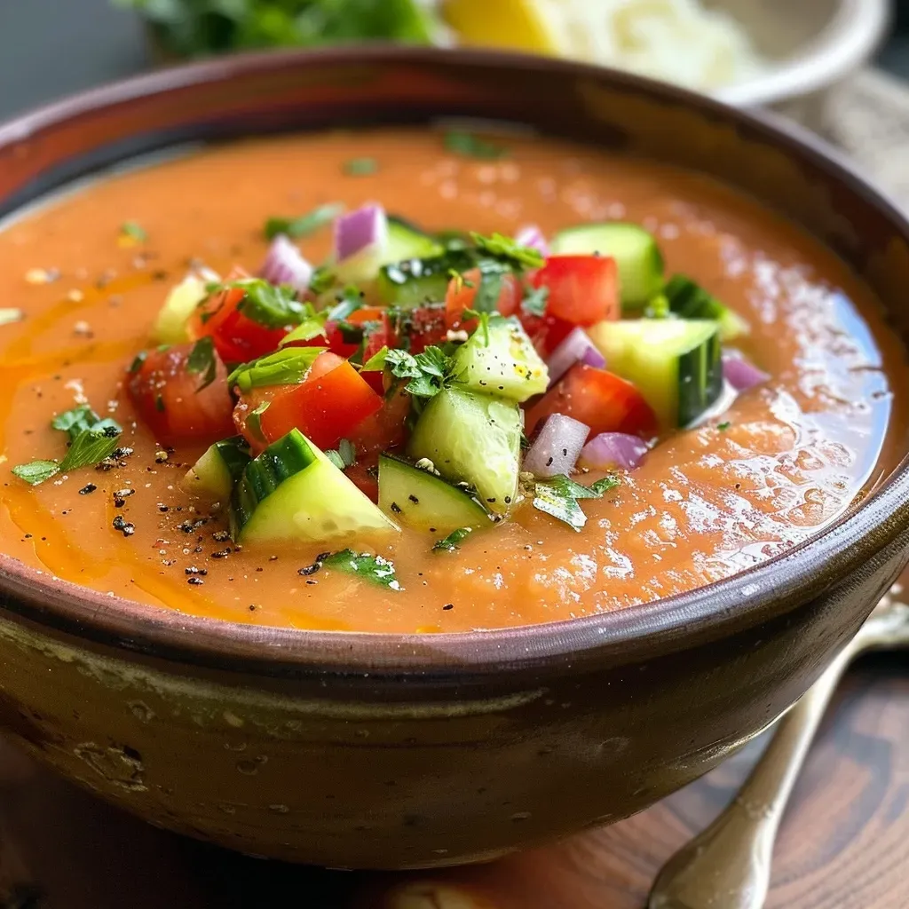 Gazpacho de zanahoria en un tazón, con ingredientes frescos alrededor.