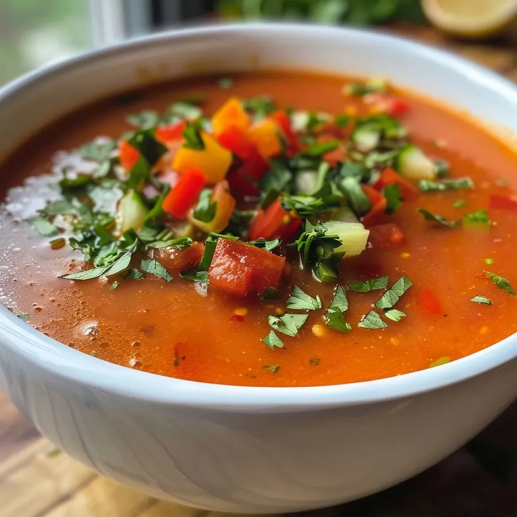 Primer plano de un gazpacho de zanahoria listo para servir.