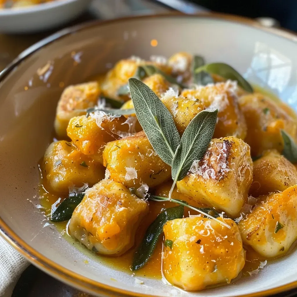 Gnocchi de calabaza y salvia en un plato, con mantequilla derretida.