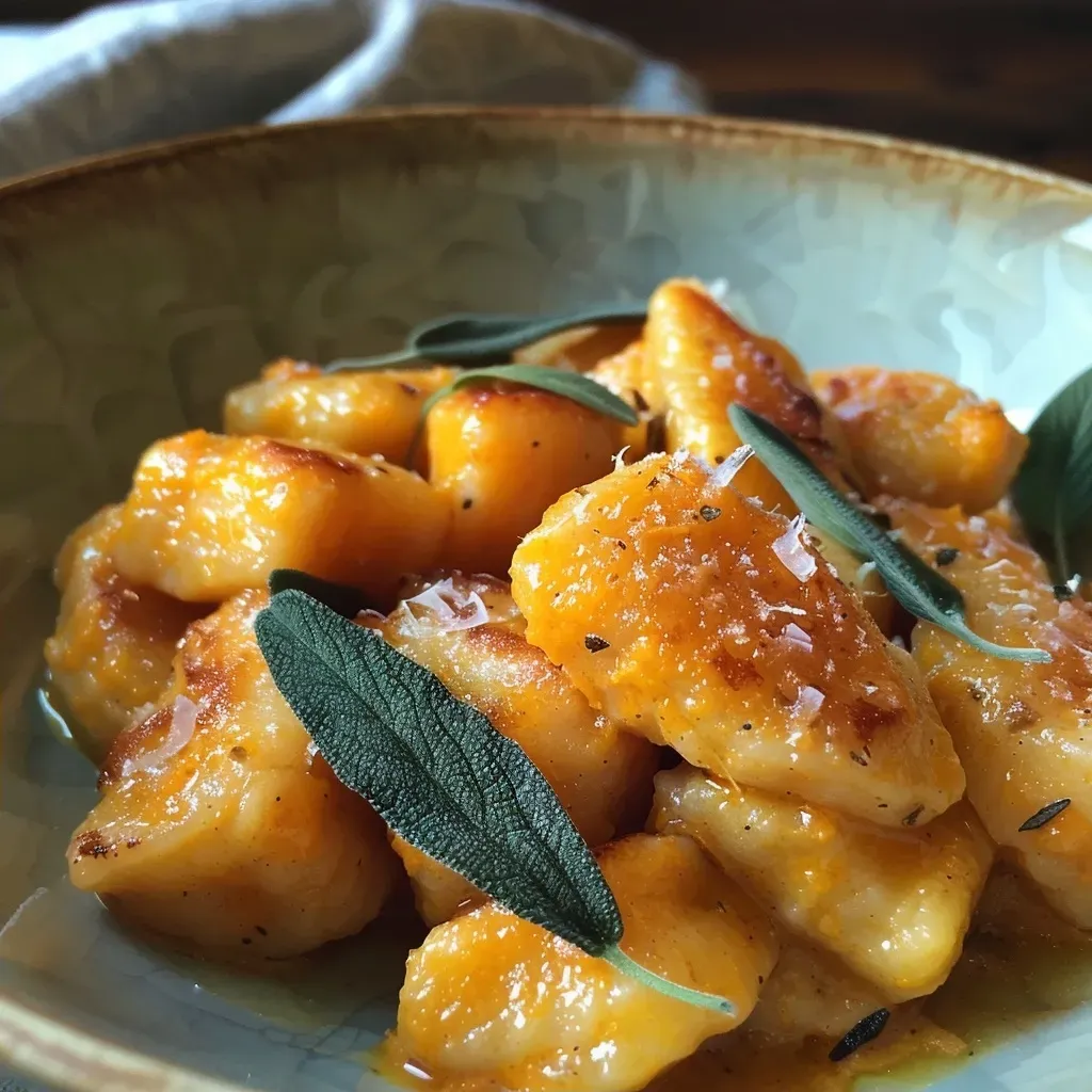 Primer plano de gnocchi de calabaza con hojas de salvia picadas.