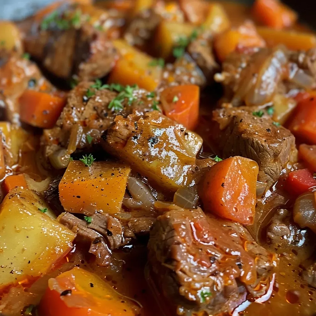 Goulash húngaro en un plato, con carne y verduras en una rica salsa.
