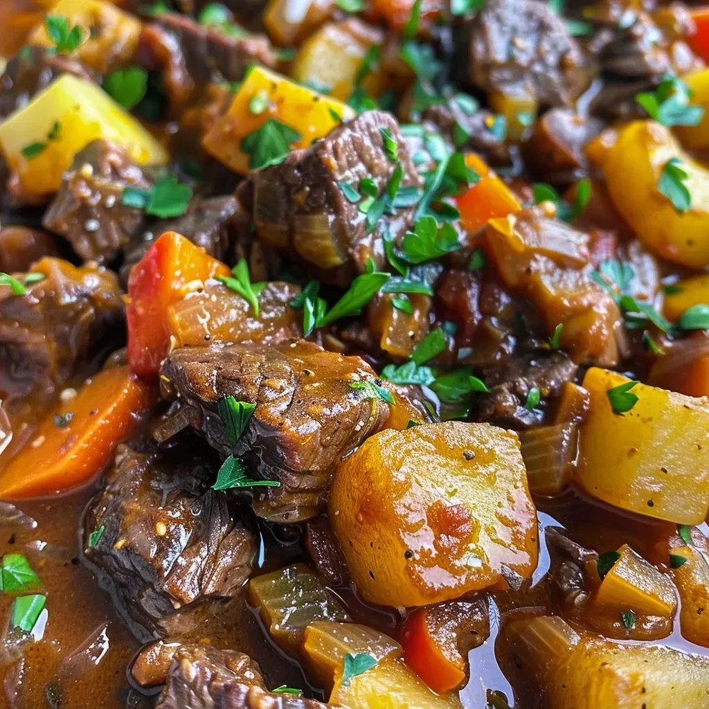 Primer plano de un delicioso goulash húngaro con guarnición de perejil.