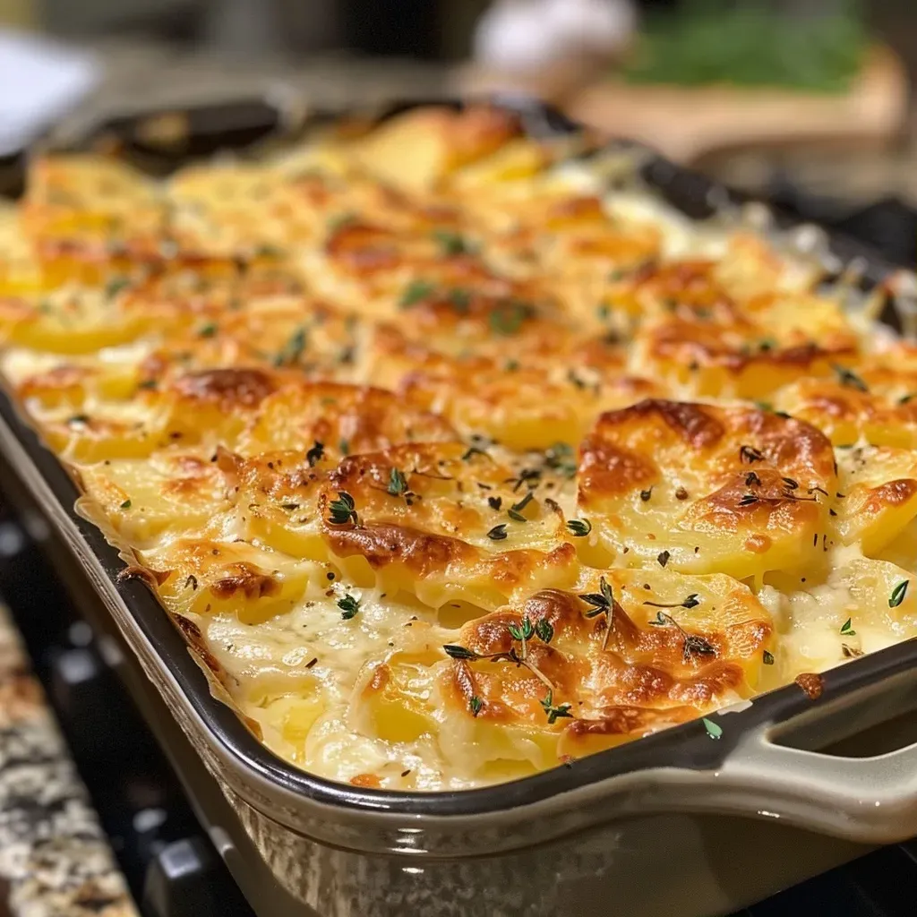 Gratin Dauphinois dorado y cremoso con rodajas de ajo.
