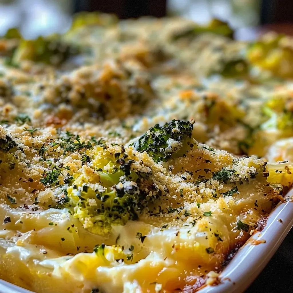 Gratinado de brócolis con ricota, visto de lado, con textura jugosa.