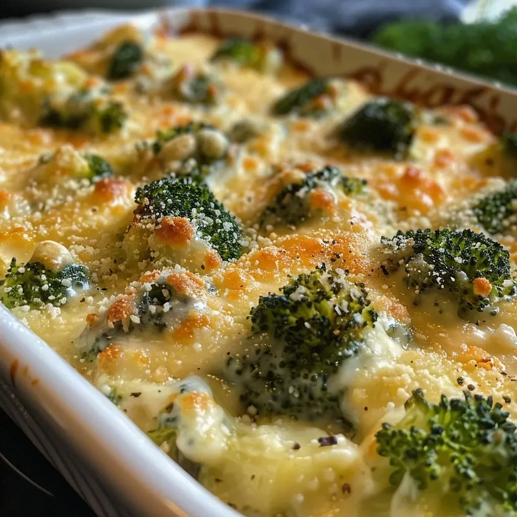 Primer plano de gratinado saludable de brócolis y ricota.