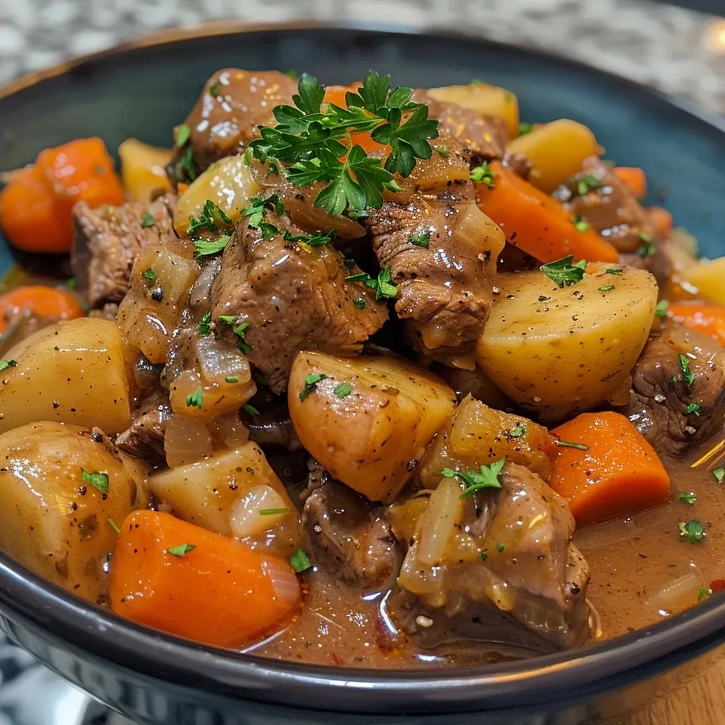 Primer plano de un guiso de carne con cerveza Guinness.