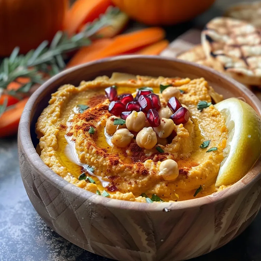 Hummus de calabaza cremoso en un tazón.