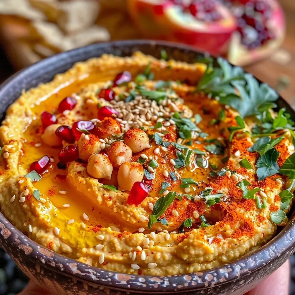 Tazón de hummus de calabaza con decoraciones.