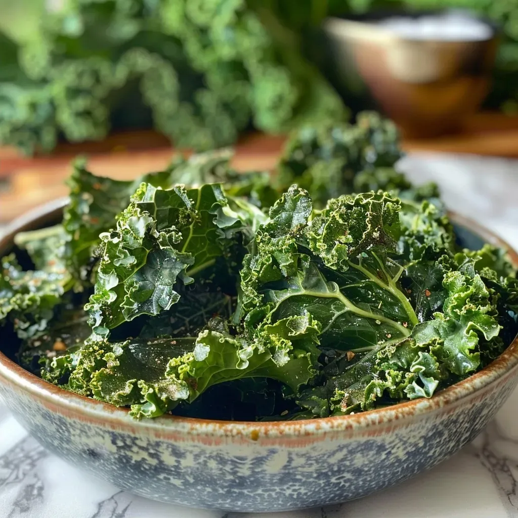 Vista lateral de deliciosas chips de kale en la Air Fryer.