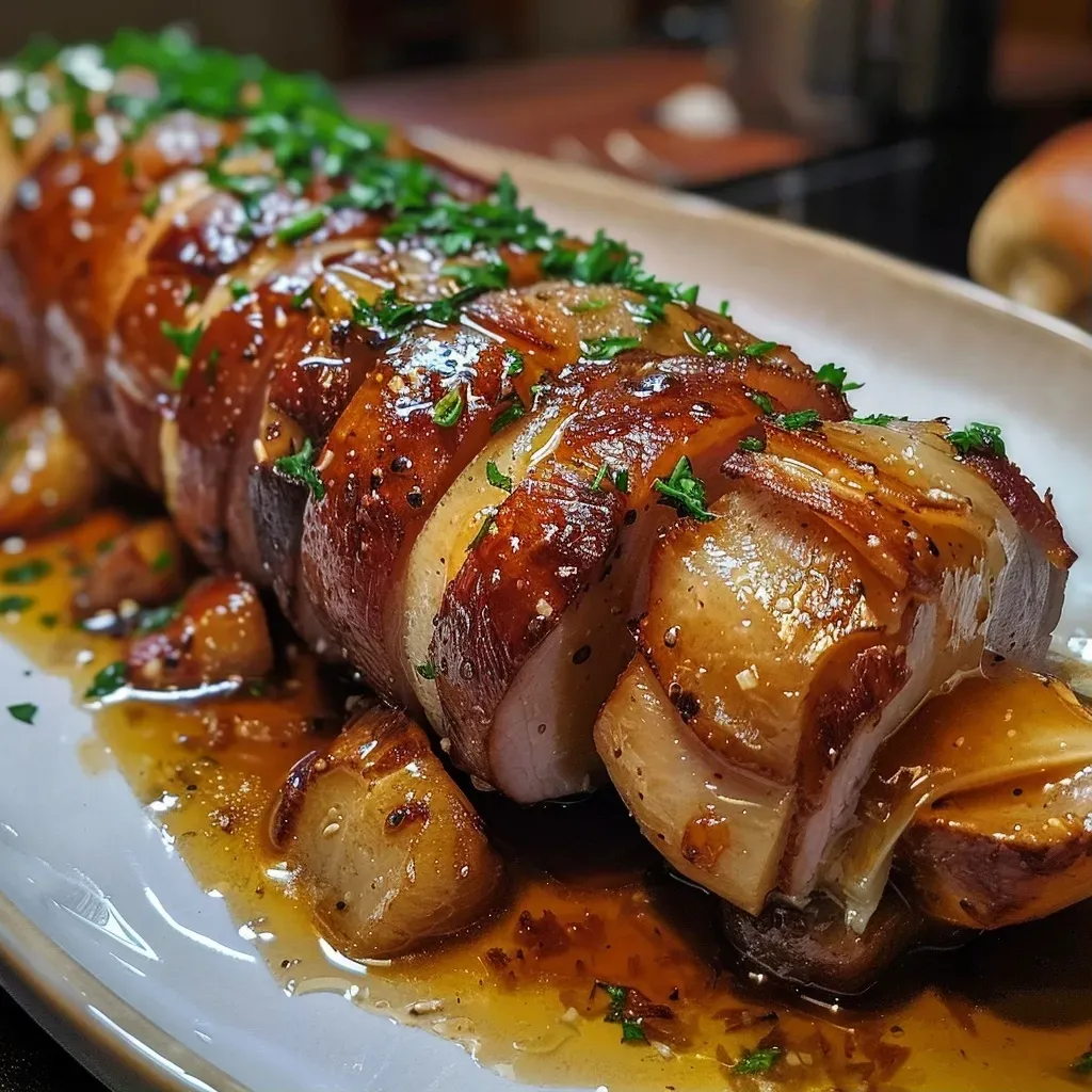 Rollo de repollo relleno visto de lado, presentado en un plato.