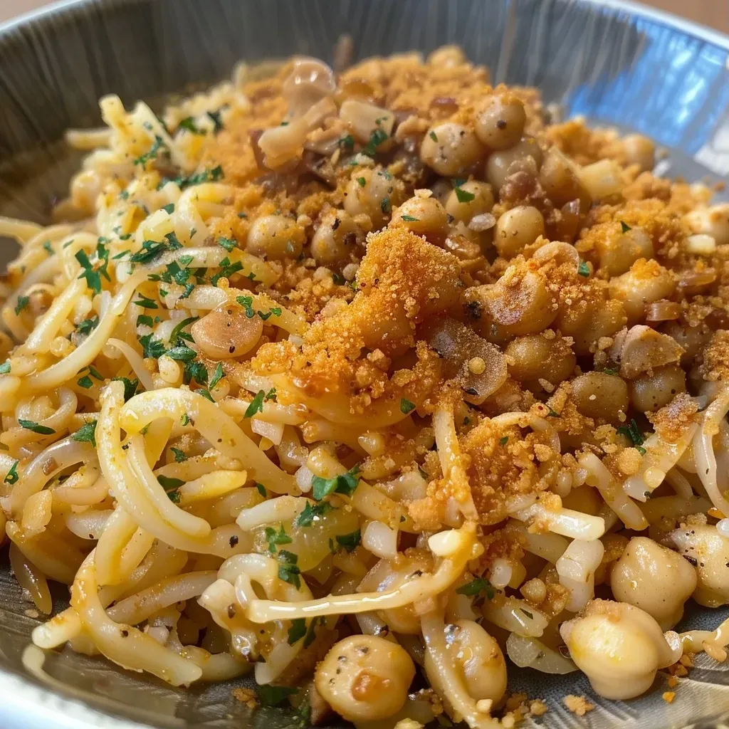 Primer plano de un delicioso Koshari egipcio servido en un plato.