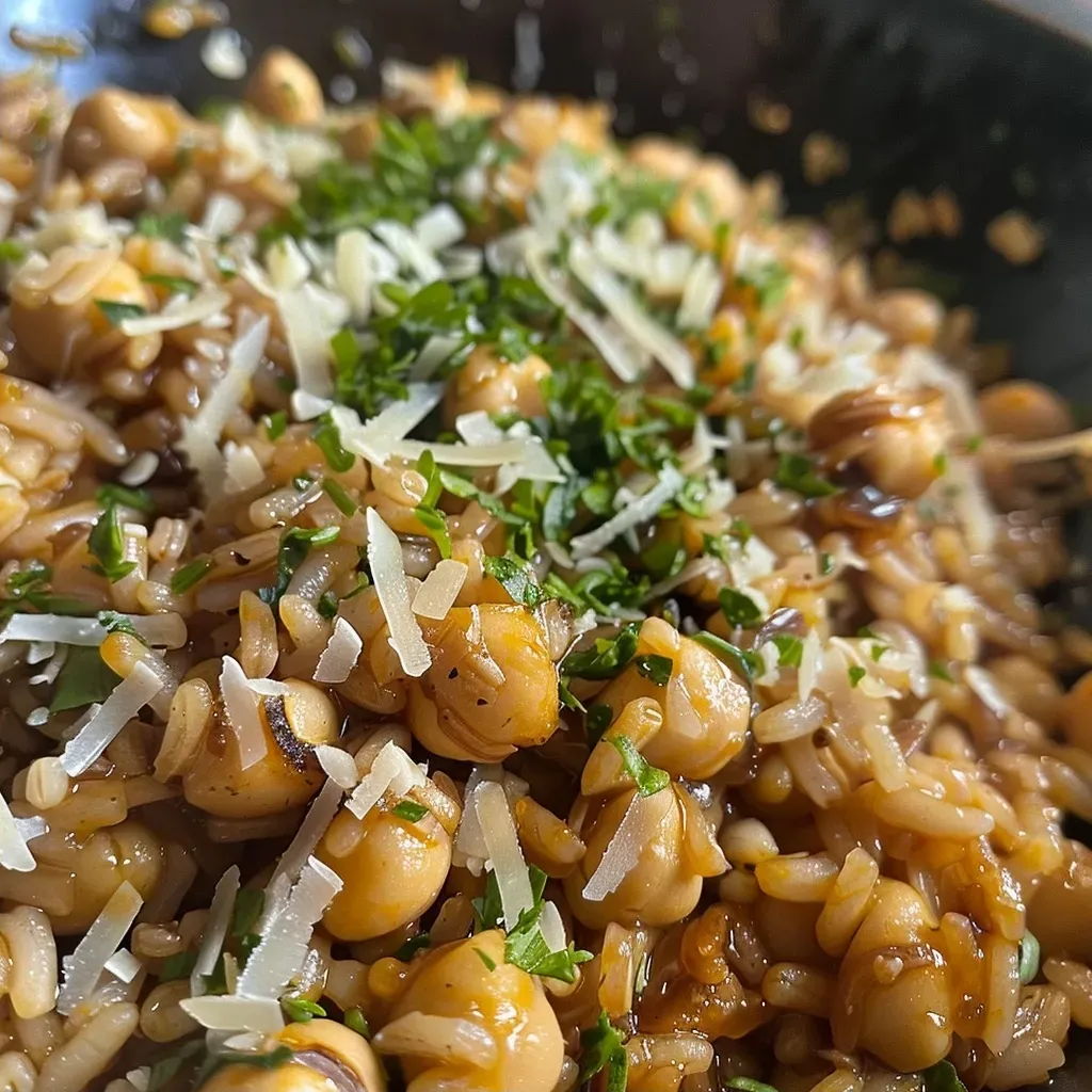 Vista lateral de Koshari con ingredientes visibles como arroz y garbanzos.