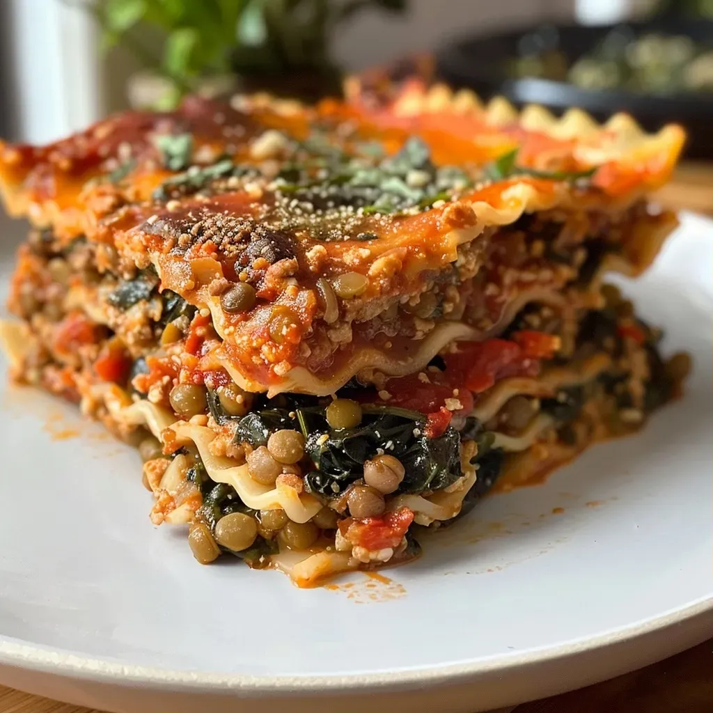 Lasaña vegana alta en proteínas con capas de tofu y espinacas.