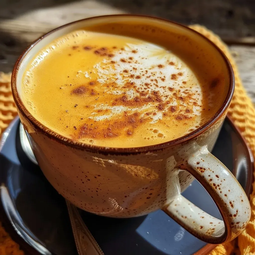 Vista lateral de un Latte de Calabaza con espuma cremosa.