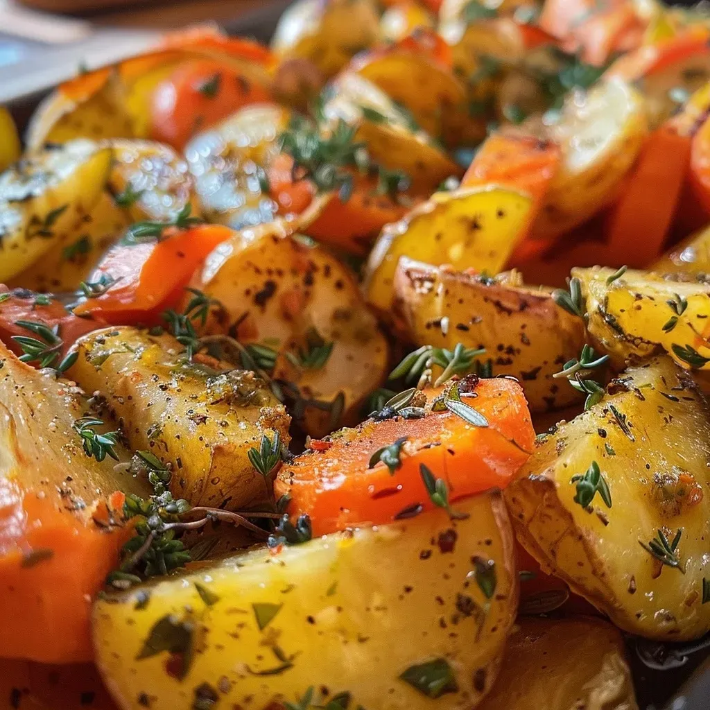Légumes rôtis à l'ail et aux herbes en un plato.