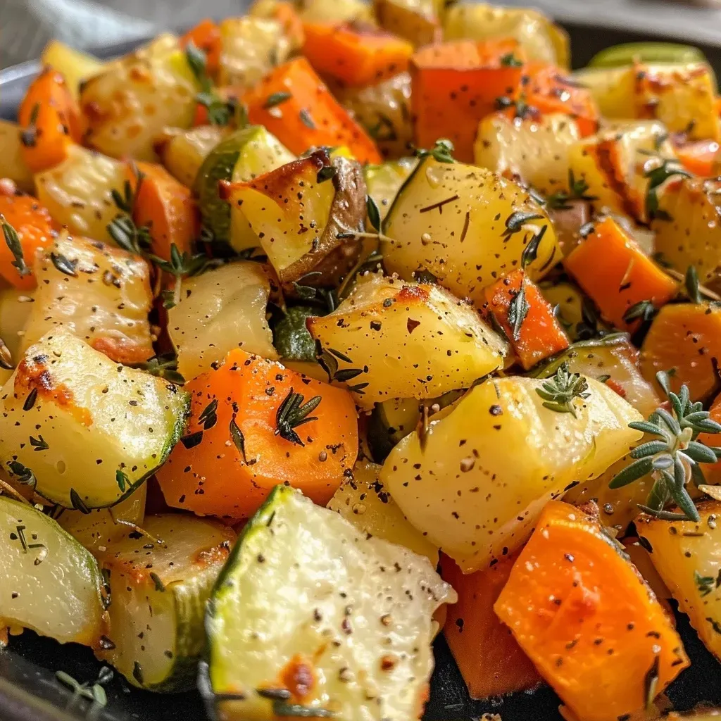 Primer plano de verduras asadas con ajo y hierbas.