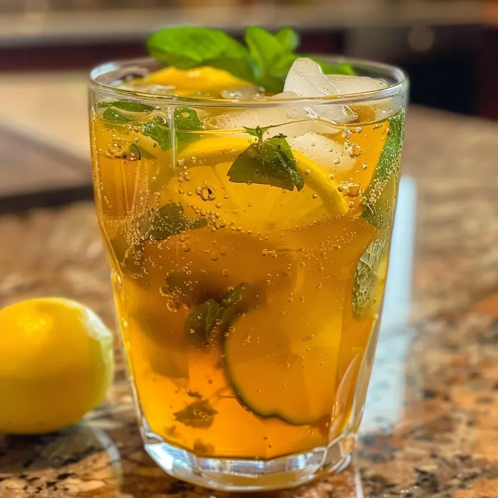 Primer plano de limonada fresca con rodajas de limón y canela.