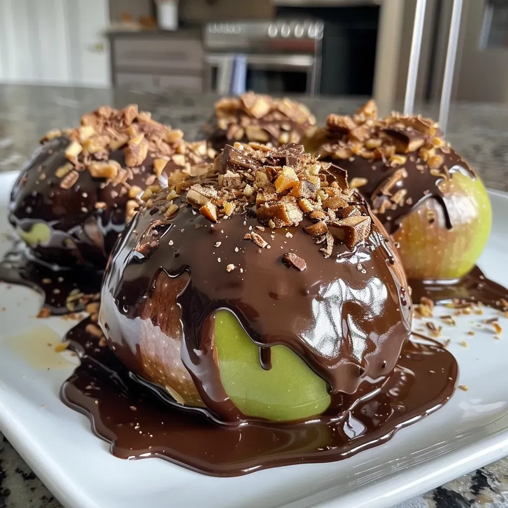 Primer plano de manzanas con chocolate derretido.