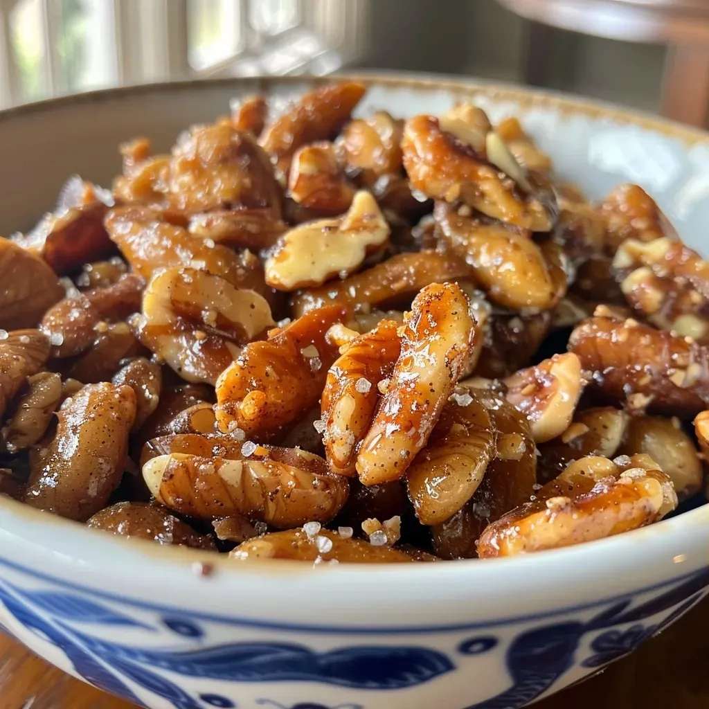 Primer plano de Mashuga Nuts, un delicioso mix de nueces cubiertas de caramelo.